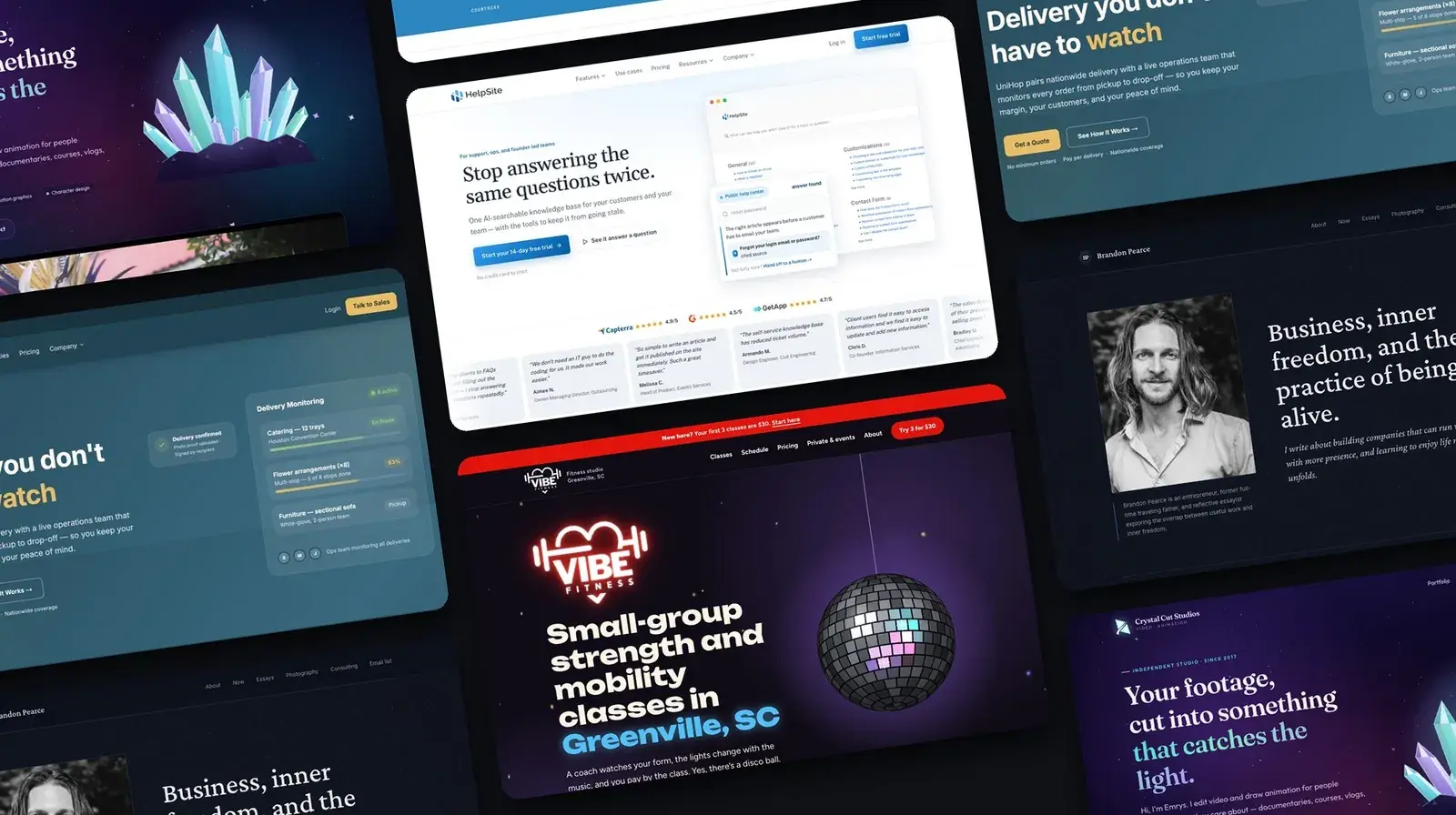 A tilted mosaic of website homepages I designed this year, including Vibe Fitness, HelpSite, UniHop, Crystal Cut Studios, and brandonpearce.com