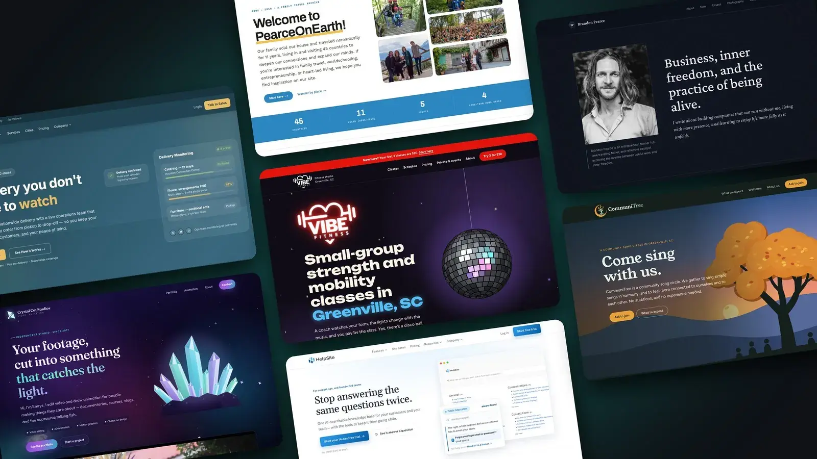 A tilted mosaic of the seven website homepages I redesigned this year: Vibe Fitness, HelpSite, UniHop, Crystal Cut Studios, Pearce on Earth, CommuniTree Choir, and brandonpearce.com
