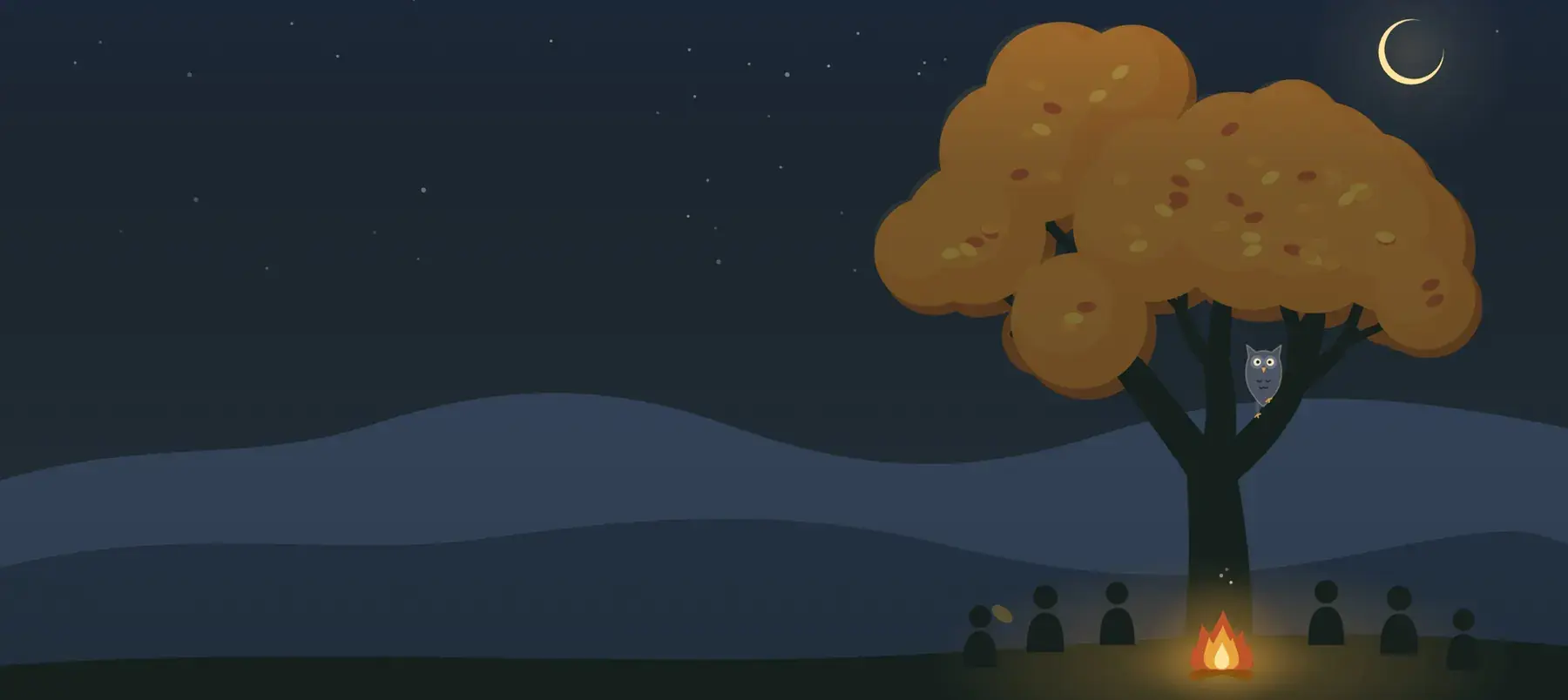 An illustrated autumn night from the CommuniTree website: a crescent moon over an orange-leaved tree, an owl on a branch, and a circle of singers around a campfire