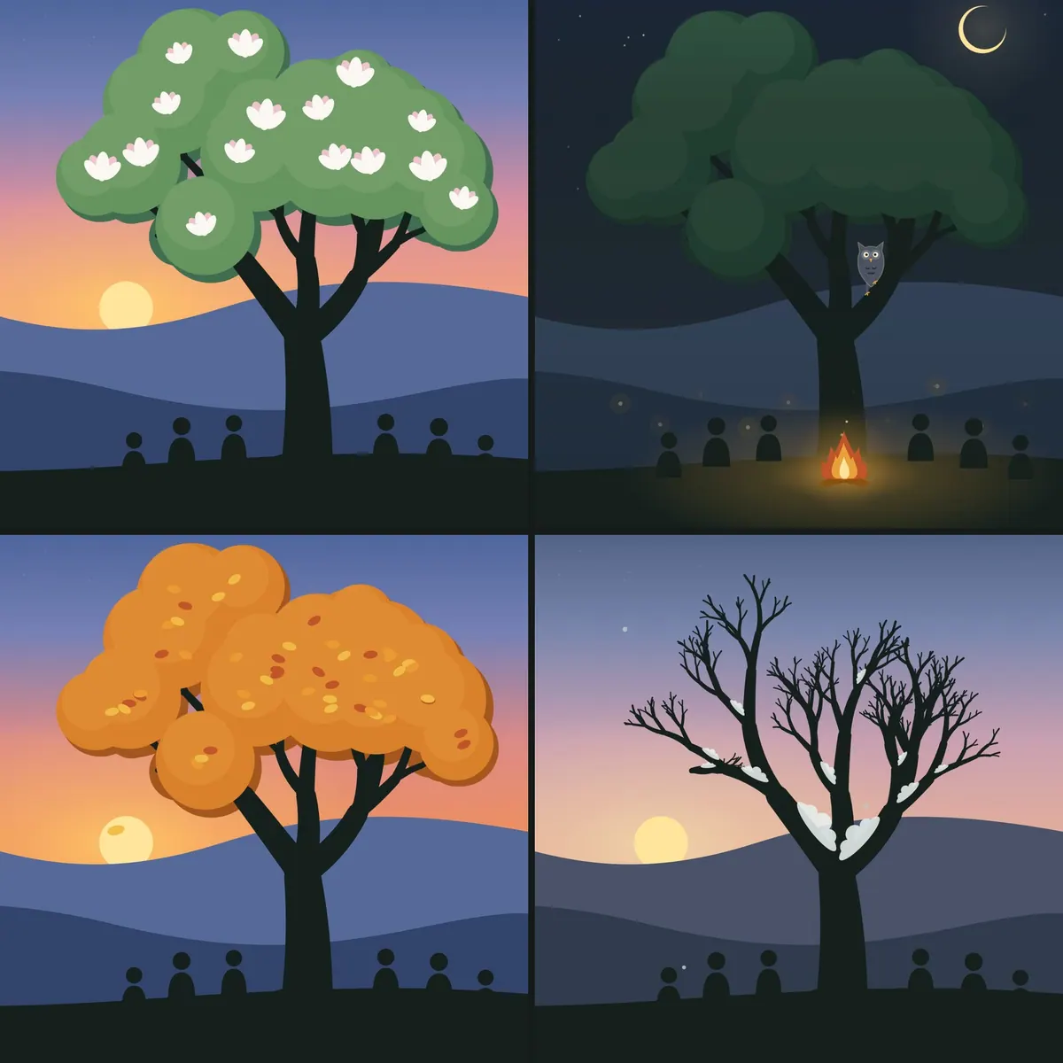 The CommuniTree tree in four seasons: magnolias at sunset in spring, a summer night with fireflies, an owl, and a campfire, orange leaves in autumn, and bare snowy branches in winter