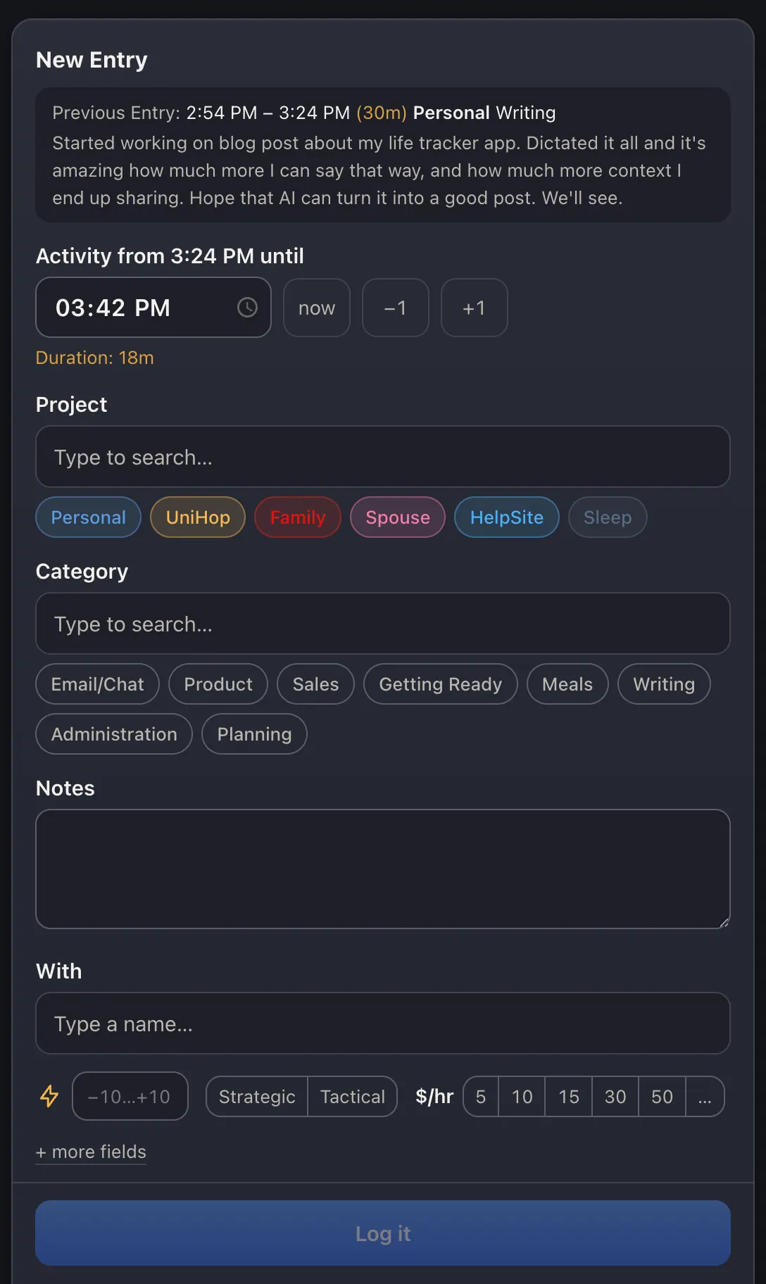 Logging a task in my Life Tracker app