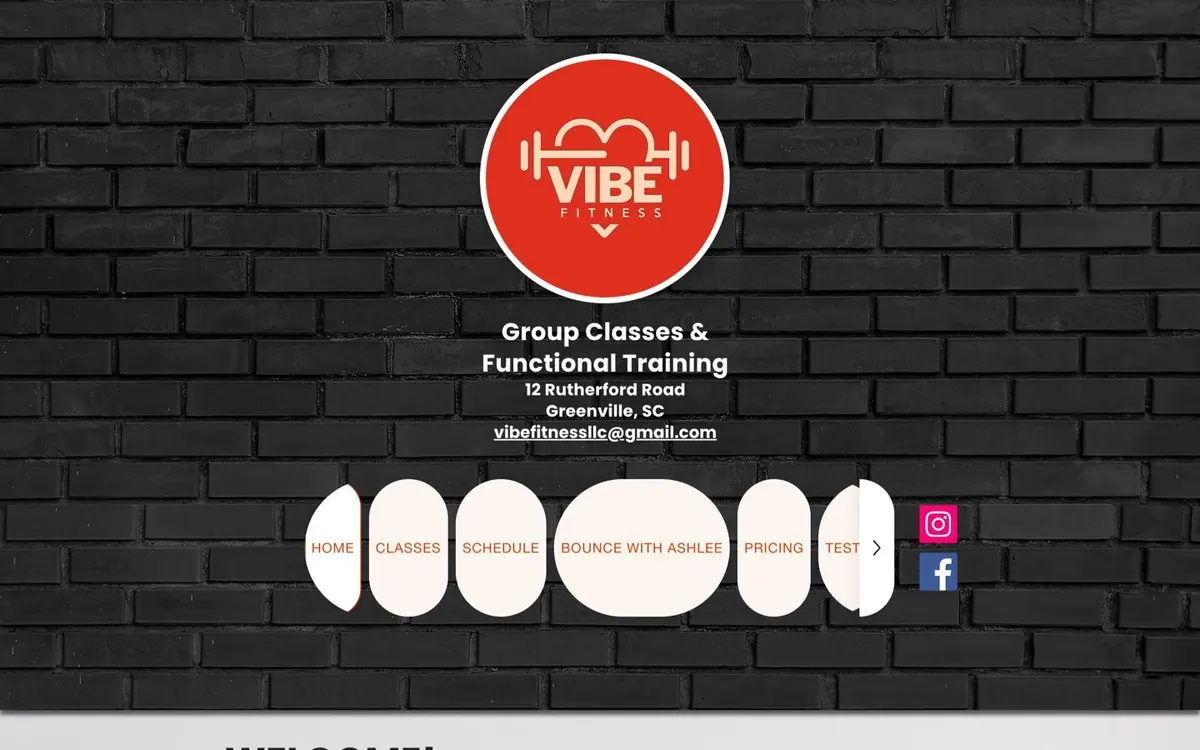 Vibe Fitness's old Wix homepage: a black brick-wall background, a red circular logo, and a row of oddly shaped pill buttons