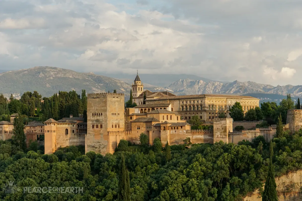 The Alhambra glowing above the trees with the Sierra Nevada beyond