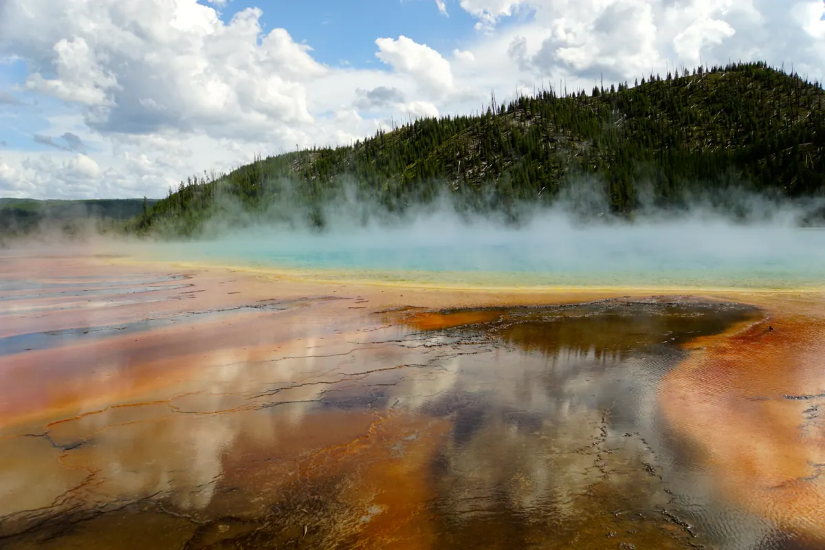 Steam drifting across the vivid mineral colors of Grand Prismatic Spring