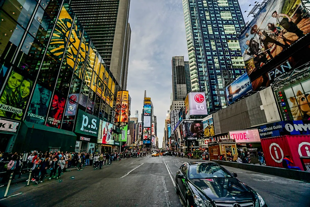 The neon canyon of Times Square at night, New York City