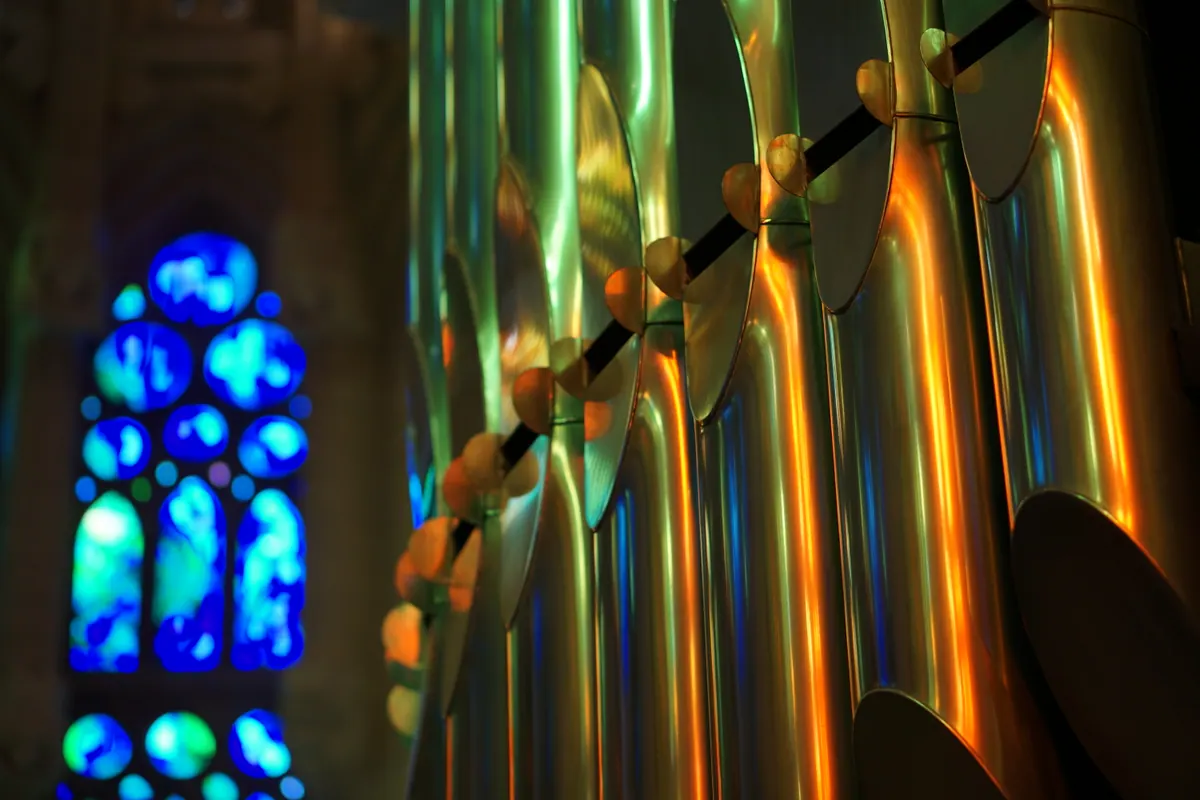 Colored light from a stained-glass window reflecting across organ pipes