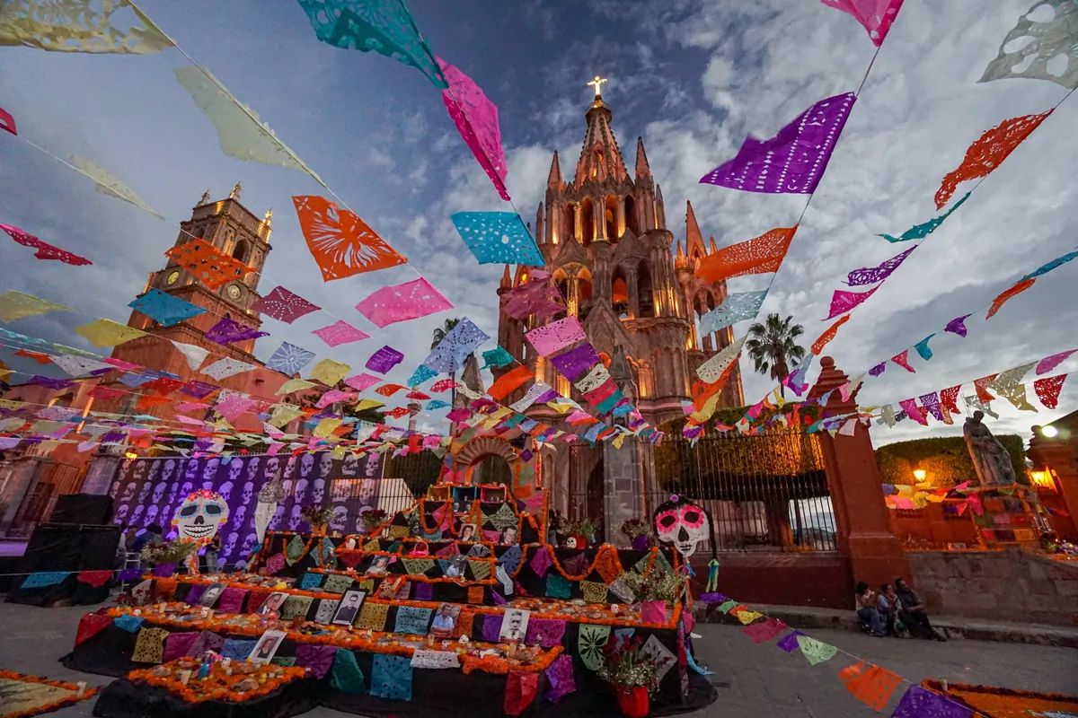 A marigold-draped Día de los Muertos altar, San Miguel de Allende