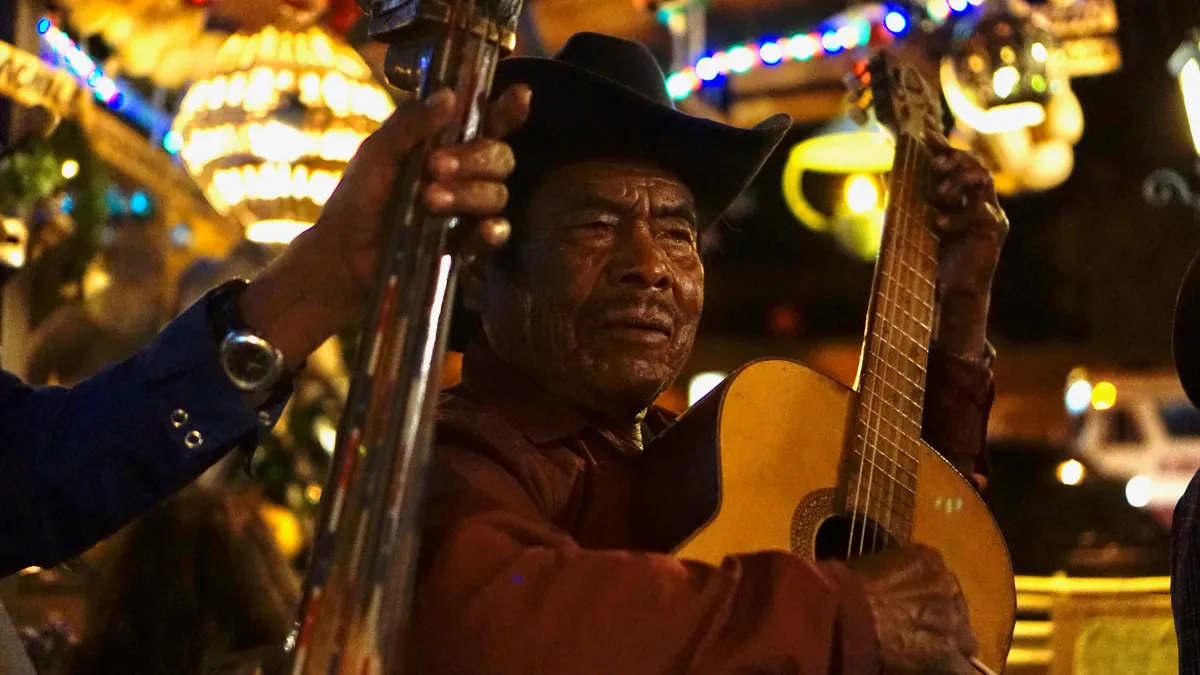A street musician holding his guitar among festival lights at night